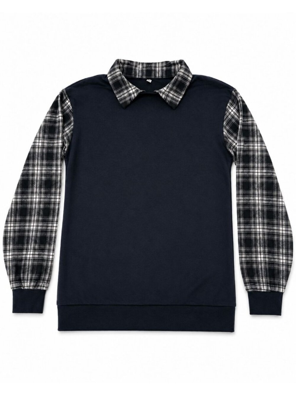 Women's Navy Blue Plaid Sleeve Sweater XXL Collared Layered Look Pullover Top